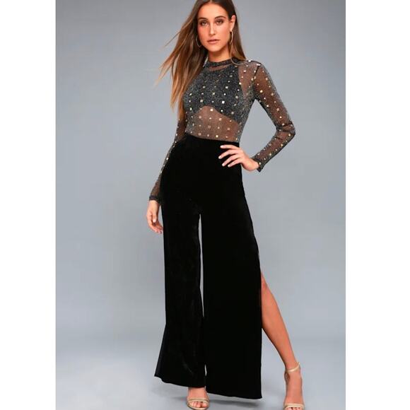 Lulus Rooftop Party Black and Gold Print Sheer Mesh Bodysuit Size M - Picture 2 of 10